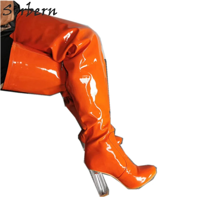 

Sorbern Orange Patent Perspex Heels Boots Women Custom Thigh Wide Calf Cute Round Toe Block Heels Unisex Boot For Slim Legs