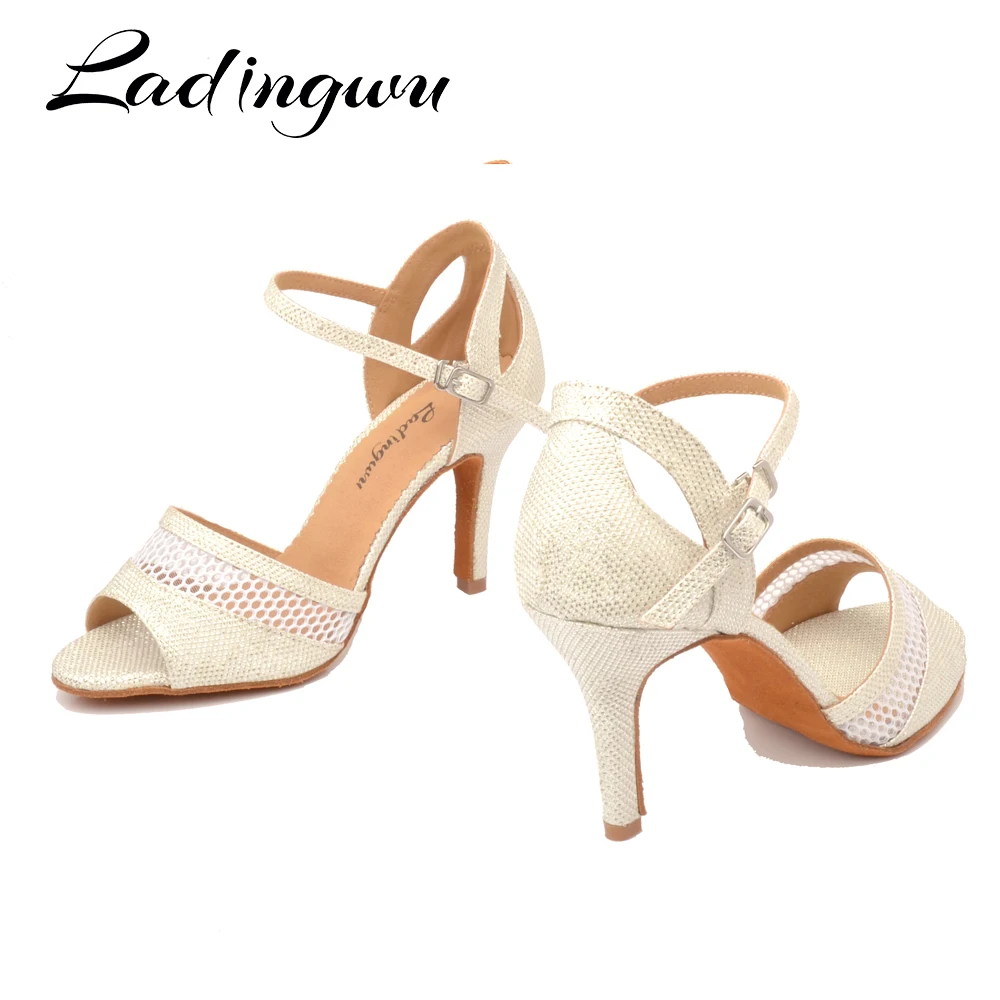 Ladingwu-zapatos de baile con malla transpirable y purpurina para mujer, calzado de baile latino, color champán/blanco, profesional, novedad de