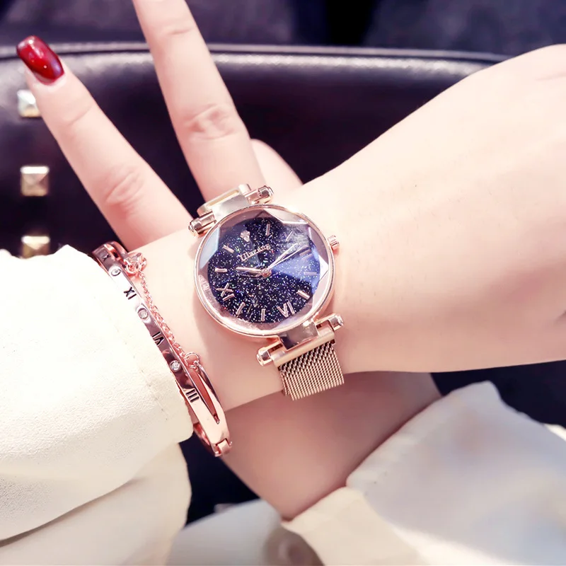 Luxury rose gold watches women Vogue starry sky magnet buckle watch diamond cutting surface female wristwatches ladies clock