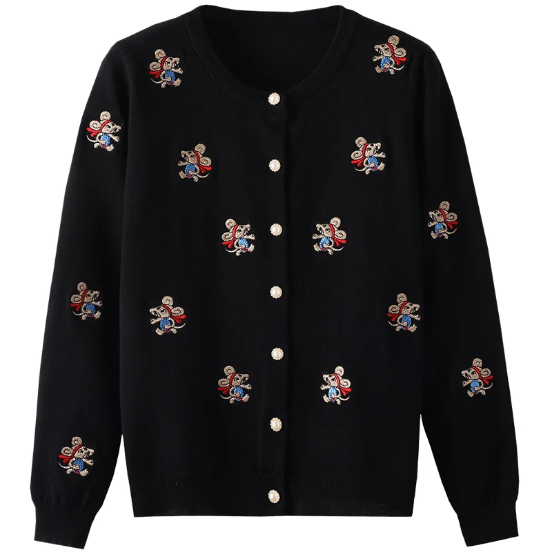 Autumn and winter women's embroidery knitted sweater cute little mouse round neck long sleeve knitted top 2024 new