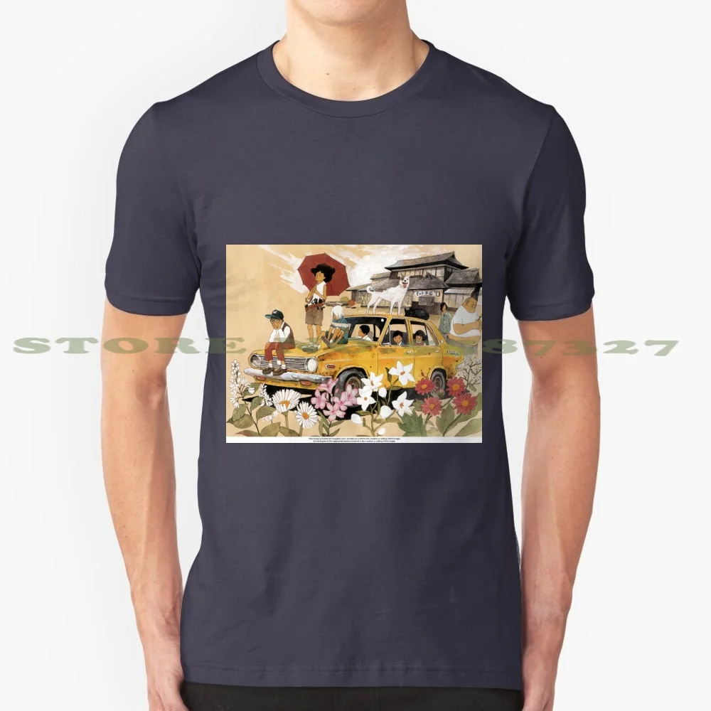 Japan 100% Cotton T-Shirt Japanese Manga Anime Sunny Family 60S 70S Car Dog Teen Korean Retro Vintage Flowers