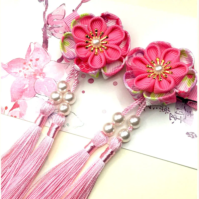 2pcs Maru-Tsumami Kanzashi Flower Tassels Sakura Hairclip Traditional Japanese Style Kimono Accessory Geisha Pure Handmade HW043