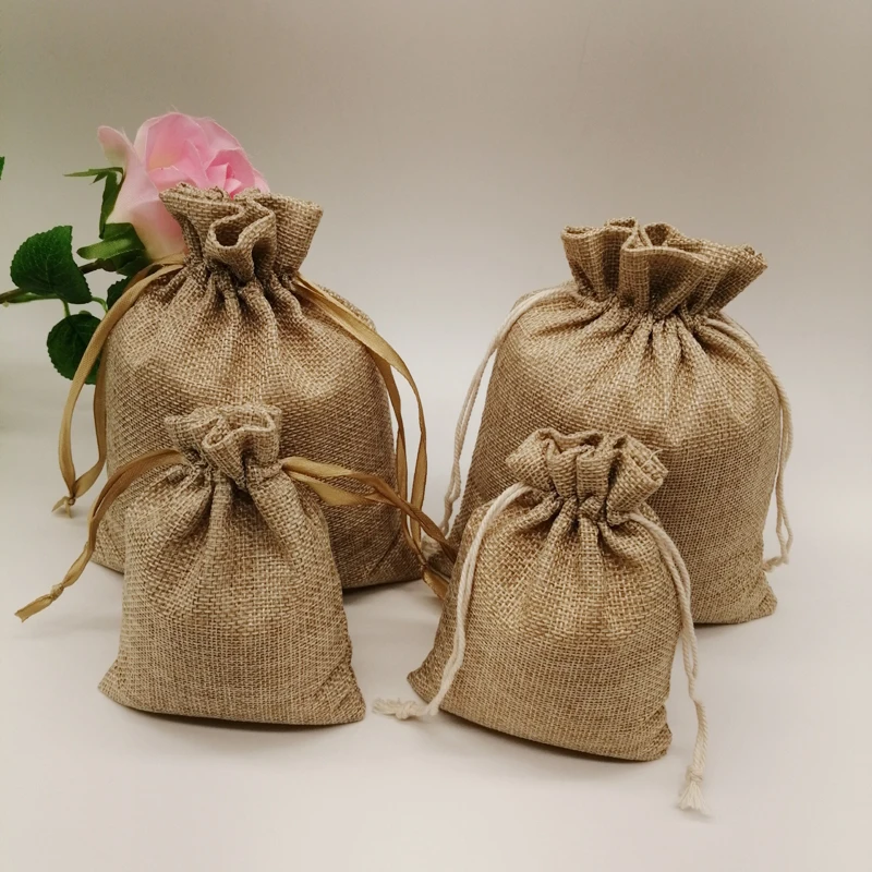 10-1000pcs/lot Jute Linen Bags Drawstring Gift Packaging Bags For Christmas Wedding Party Favor Bags Jute Gift Bag Burlap Bag