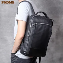 PNDME semplice casual morbido degli uomini della pelle bovina dello zaino delle donne di alta qualità del cuoio genuino di grande capacità di viaggio del computer portatile nero bagpack