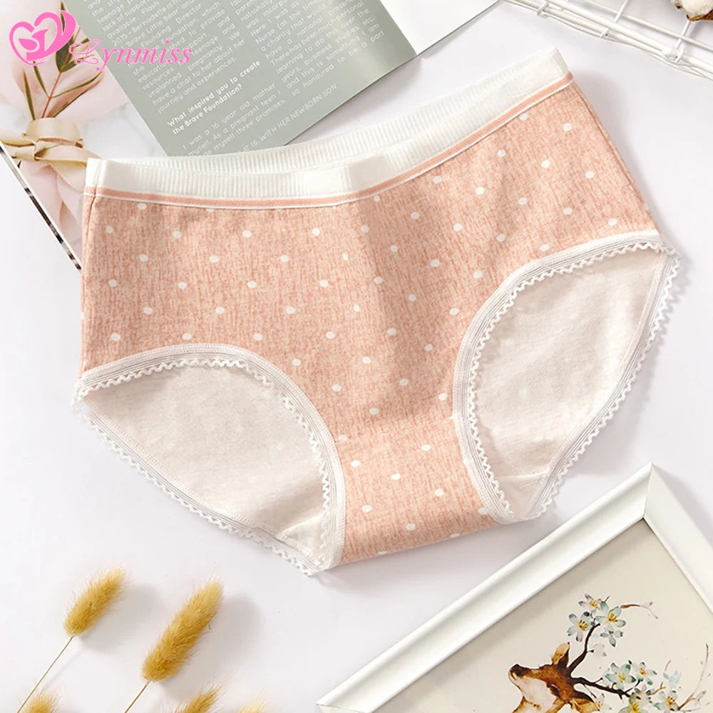 Lynmiss Women Cotton Briefs Mid-waist Cute Lovely Panties Large Size Women Underwear Printing Bag Hip Triangle Bottoms Panties