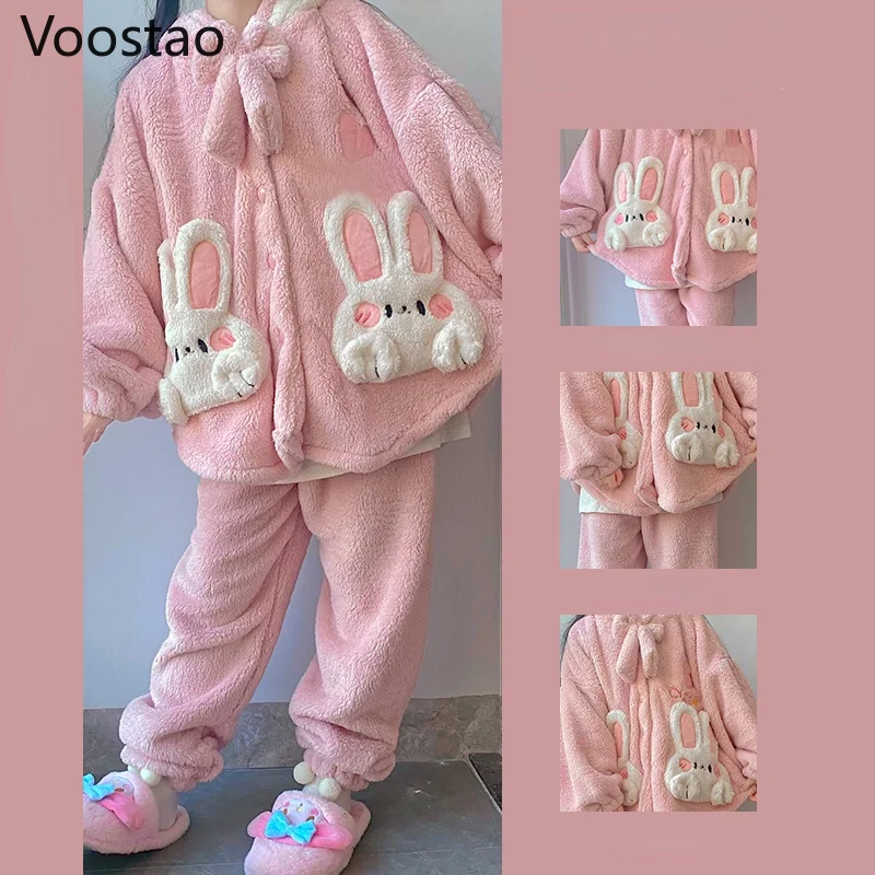 Autumn Winter Women Cute Princess Coral Fleece Pajamas Sets Warm Cartoon Rabbit Ears Hooded Homewear Girls Sweet Plush Sleepwear