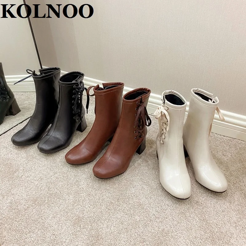 Kolnoo New Arrival Handmade Womens Chunky Heels Boots Crisscross Lace-Up All Match Modern Boots Daily Wear Fashion Winter Shoes