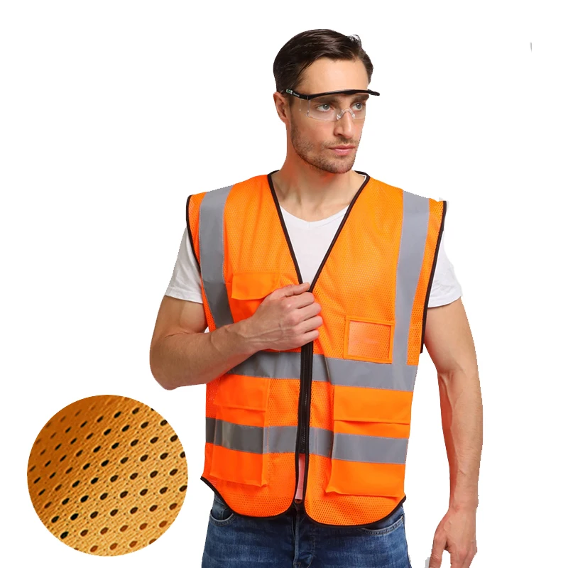 Hi Vis Orange Breathable Mesh Safety Reflective Vest Jacket With Pockets and Zipper