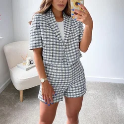 XEASY 2021 Tweed Summer Women Two-piece Set Plaid Vintage Casual Short Sleeve Blazer Female Slim High Waist Shorts Suits