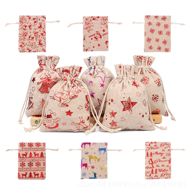 10 sztuk 10x14 13x18cm kolorowy nadruk łosia torba jutowa prezent na boże narodzenie torba na biżuterię dekoracja weselna saszetka