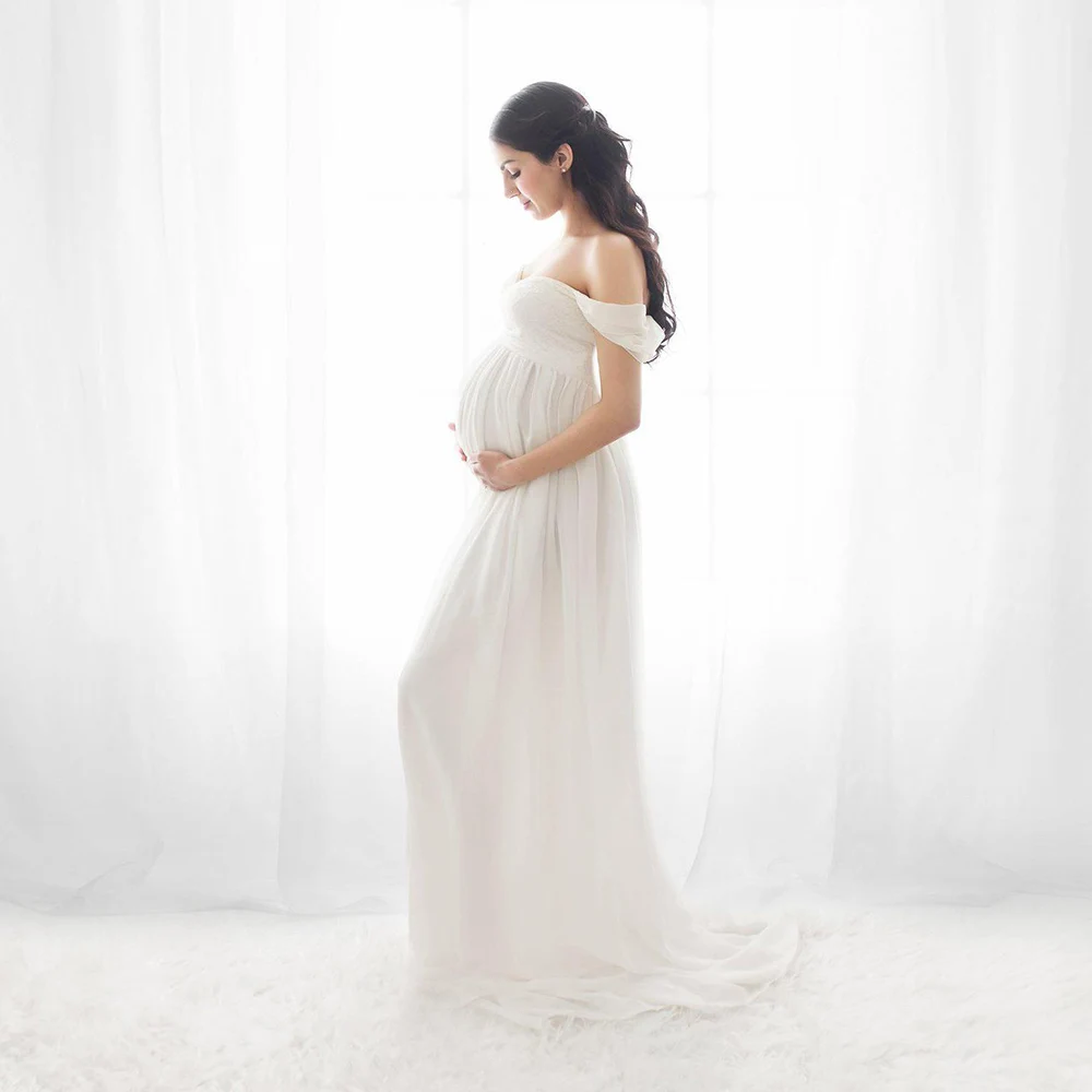 Shoulderless Maternity Dress For Photography Sexy Front Split Pregnancy Dresses For Photo Shoot White Pregnancy Maxi Dress Women