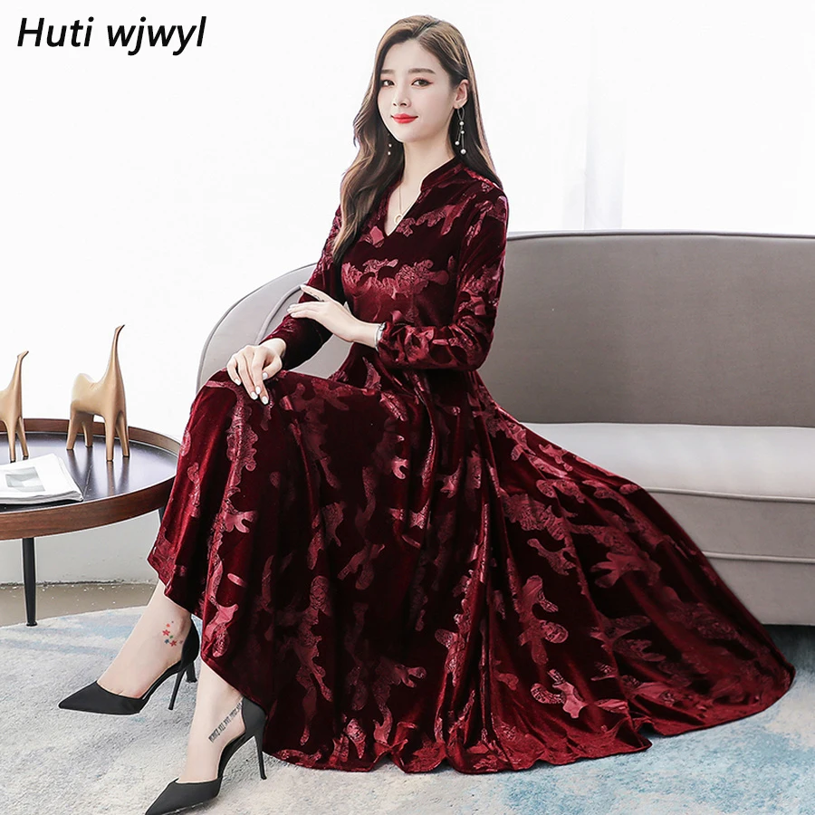 2024 Vintage Solid Velvet Midi Dress Autumn Winter Long Sleeve Evening Maxi Dress Elegant Women Bodycon Party Chic Prom Vestidos