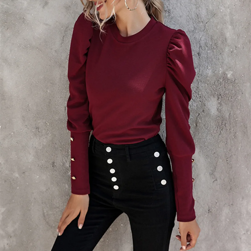 Blusa feminina mangas longas com botão, camisa casual para outono e inverno, gola redonda, elegante, de escritório