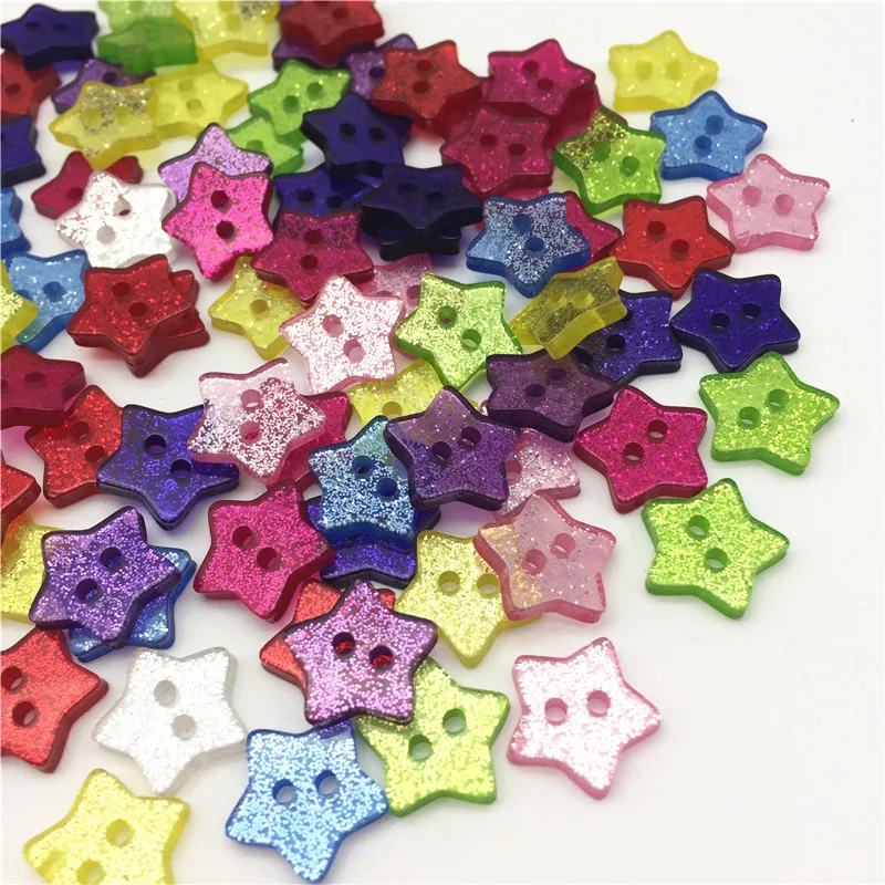 50pcs 14mm Resin Glitter Star Shaped 2 Holes Buttons DIY Sewing Accessories Sparkle Embellishment