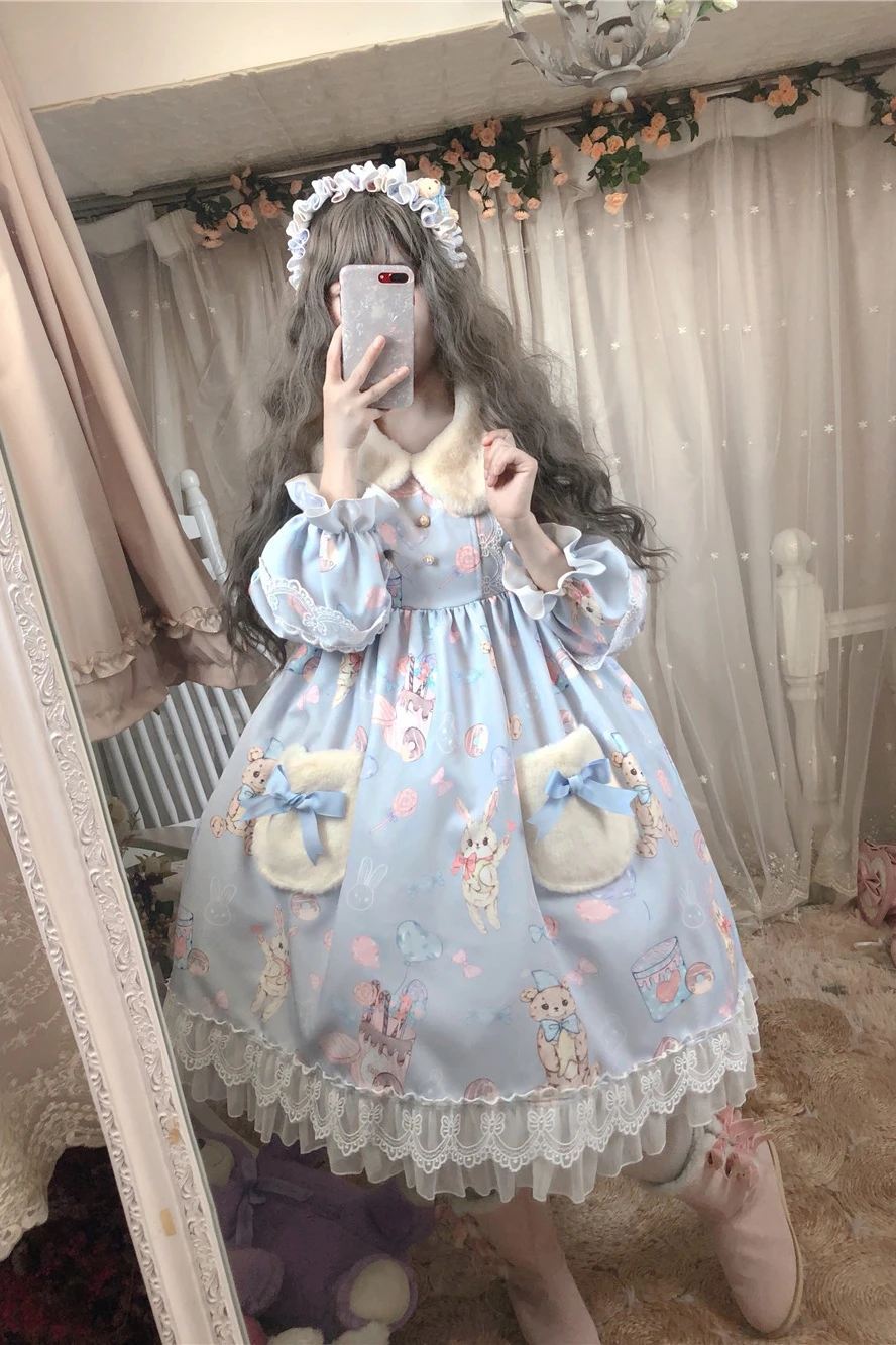 Kawaii słodki Lolita królik/niedźwiedź słodkie nadruki Hairball z długim rękawem sukienka Cos Lolita księżniczka spotkanie przy herbacie sukienka