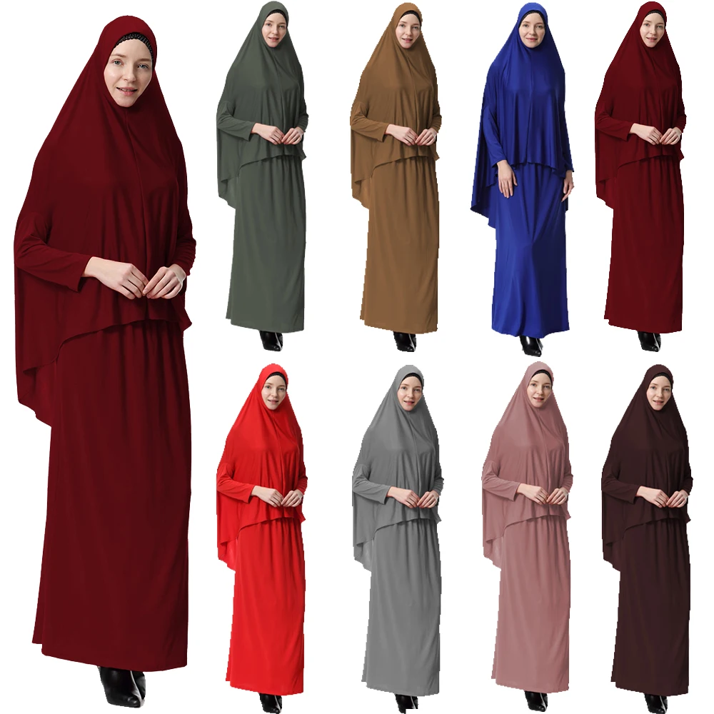 Women 2 Piece Dress Muslim Prayer Set Khimar Abaya Overhead Hijab Skirt Full Cover Islam Clothing Middle East Turkey Kaftan Robe