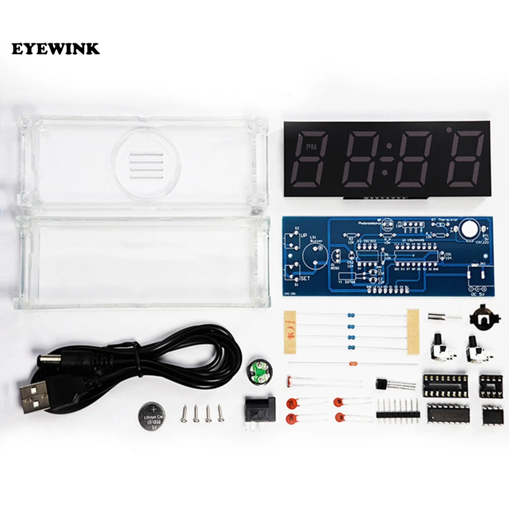 diy electronic clock kit 4 digital tube multicolor LED time week temperature date display with clear case cover diy sodering kit