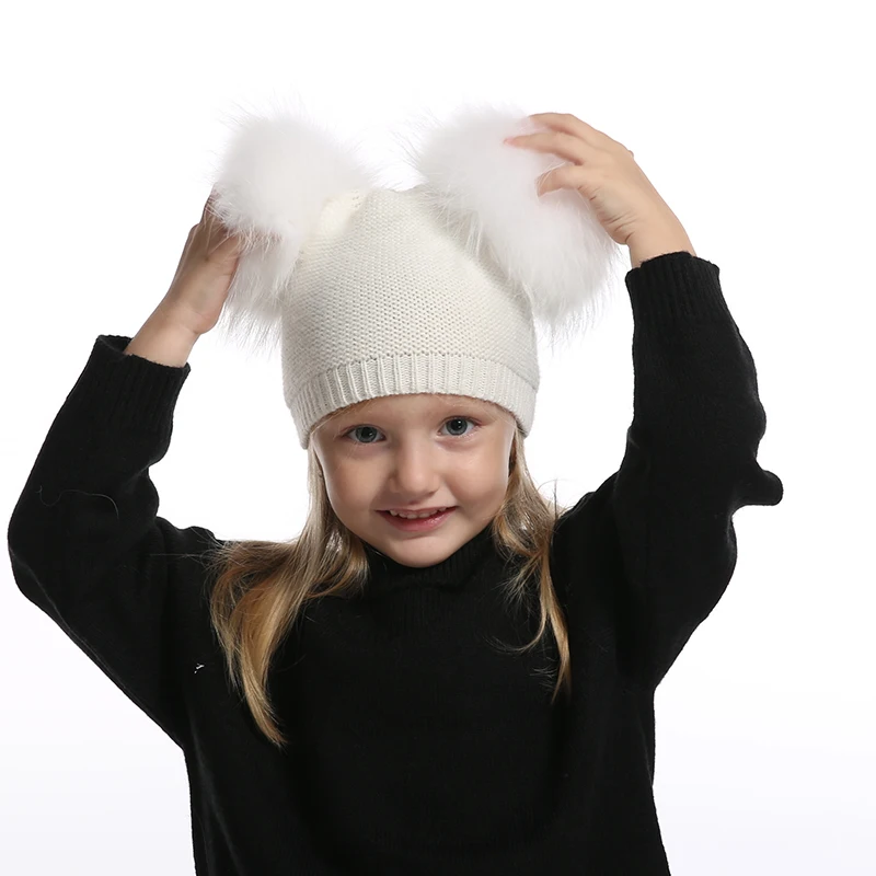 Winter Wool Hat For Kids Baby Double Pompones Skullies Beanies Real Fur Pompom Hat Boy Girls Warm Knitted Beanie Cap