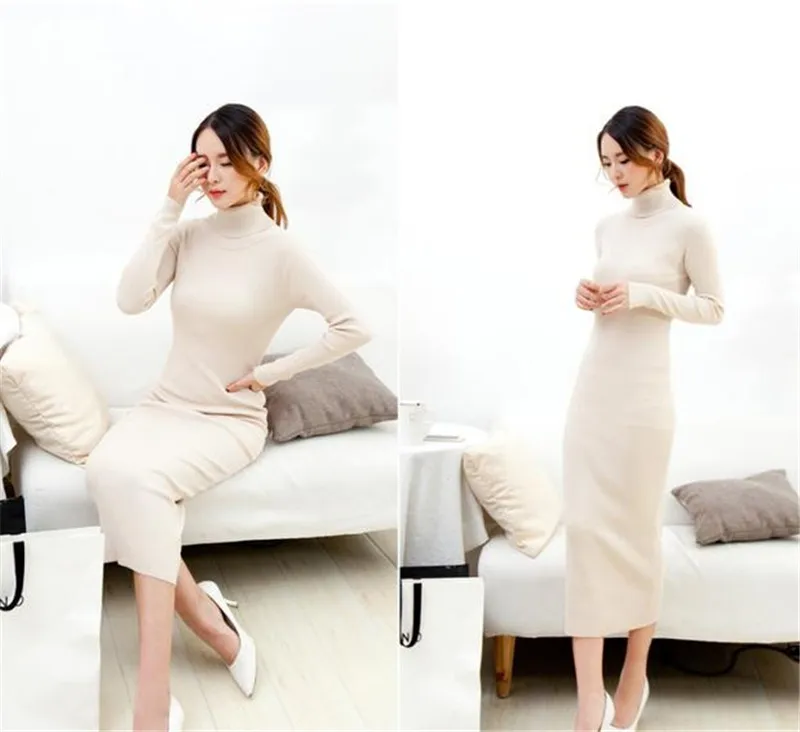 Black 2020 Woman Casual Cashmere Knitted Dress Winter Turtleneck Women's Dresses Plus Size Women Clothing XXXL FYY242