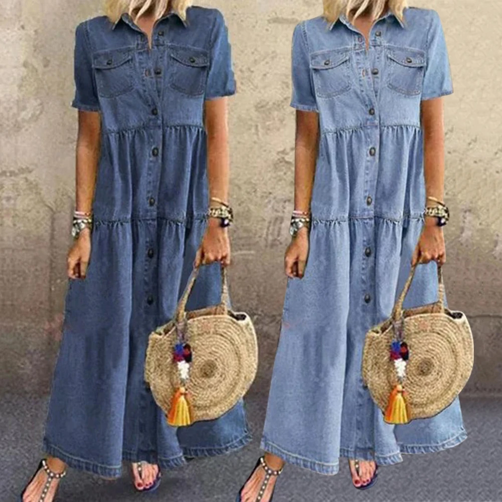 Bohemian Holiday Sundress Summer Women Vintage Denim Short Sleeve Beach Dress Loose Long Vestido Robe Femme