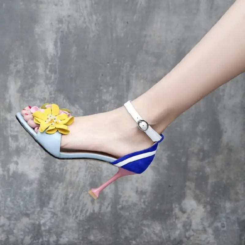 Sexy Multicolor Flower One Strap High Heel Sandals Sexy Open Toe Stiletto Heel wedding sandalias Female Banquet Dress Shoes