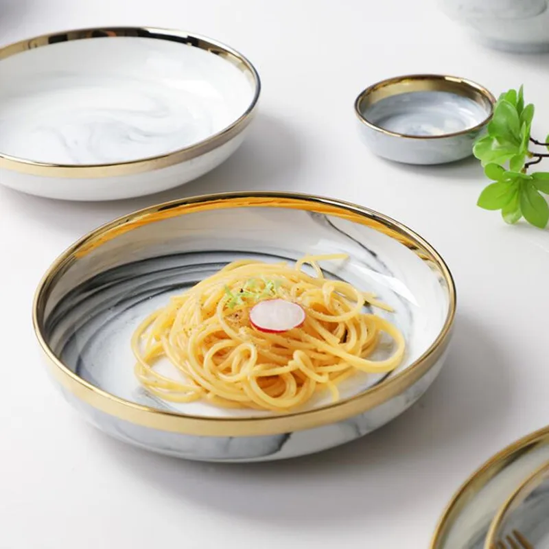 New Double-sided Gilt Rim Gray Marble Pattern Porcelain Dinner Tray Kitchen Plates Ceramic Food Dishes Rice Salad Noodles Bowl