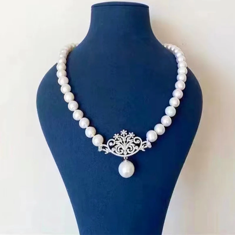 

freshwater pearl white near round 8-9mm ZIRCON pendant necklace nature beads wholesale 19inch FPPJ strand