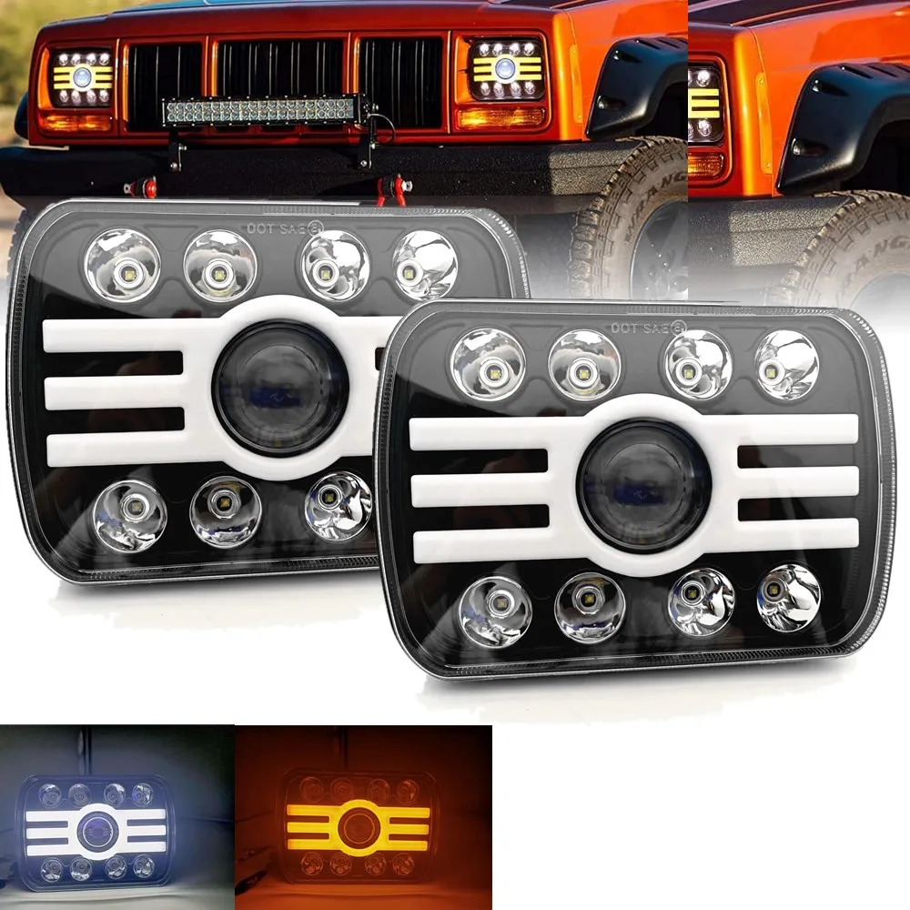 

2pcs 7x6 5X7 120W LED Headlight White DRL Amber Tun Signal For 86-95 Jeep Wrangler YJ 84-01 Cherokee XJ