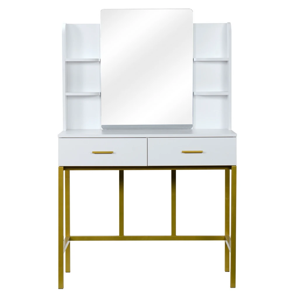 Dresser Dressing Table Desktop Mirror with 4 Shelf 2 Drawers Stool Golden Steel Frame White 90x45x78-143.5CM[US-Stock]