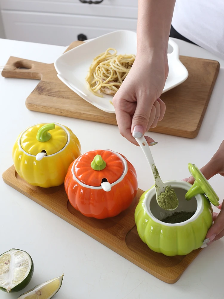 Creative Pumpkin Ceramic Seasoning Jar Set With Spoon Salt Sugar Bowl Msg Pepper Edible Oil Container Kitchen