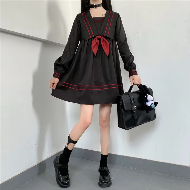 일본 JK 유니폼 대학 스타일 다크 레트로 선원 칼라 긴팔 학생 복장 020 kawaii clothing sweet lolita Dress