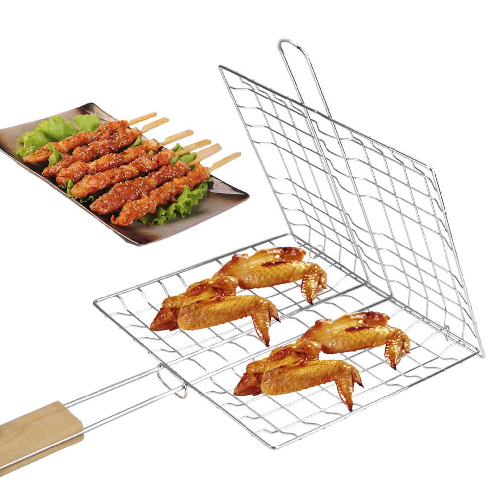 Panier à grillades pliable, tapis de Barbecue, viande, poisson, avec poignée en bois, maille en acier inoxydable, réutilisable
