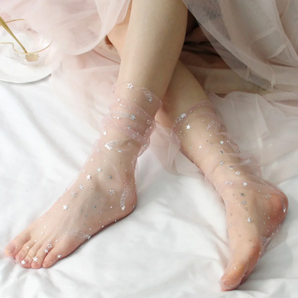 1pair Summer Fashion Candy Color Thin Mesh Tulle Ankle Socks Transparent Elastic Mesh Shiny Stars Moon Fishnet Socks