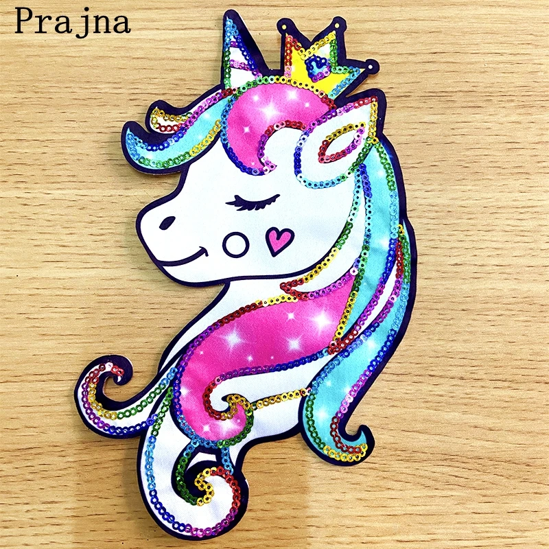 Prajna Unicorn Sequins Patch Cartoon Embroidered Patches For Clothing Animal Appliques Patches On Clothes Sewing Accessories