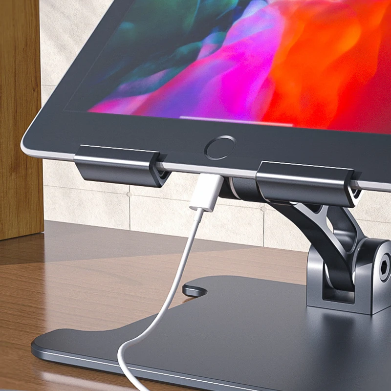 Soporte de escritorio de aluminio para tableta, diseño de doble eje, altura/ángulo ajustable, soporte para teléfono inteligente, soporte de dibujo para iPhone y iPad