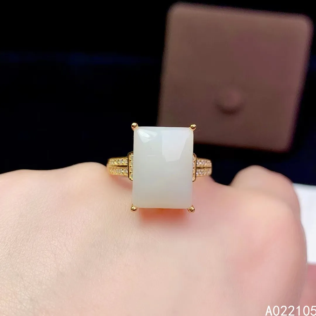 

KJJEAXCMY Fine Jewelry 925 Sterling Silver Inlaid Natural White Jade Women Vintage Simple Square Adjustable Gem Ring Support Det