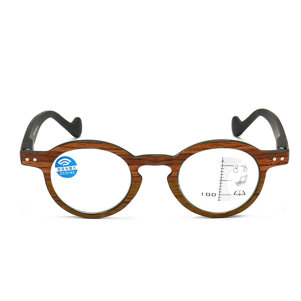 

Dual-use Progressive Multifocal Reading Glasses Vintage Round Wood Grain Magnifier Anti-blue Computer Eyewear