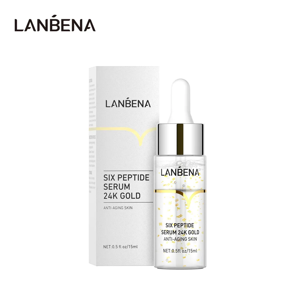 LANBENA-esencia facial de seis péptidos de oro de 24k, suero de línea fina antiarrugas, encoge los poros, blanquea, hidrata, ácido hialurónico