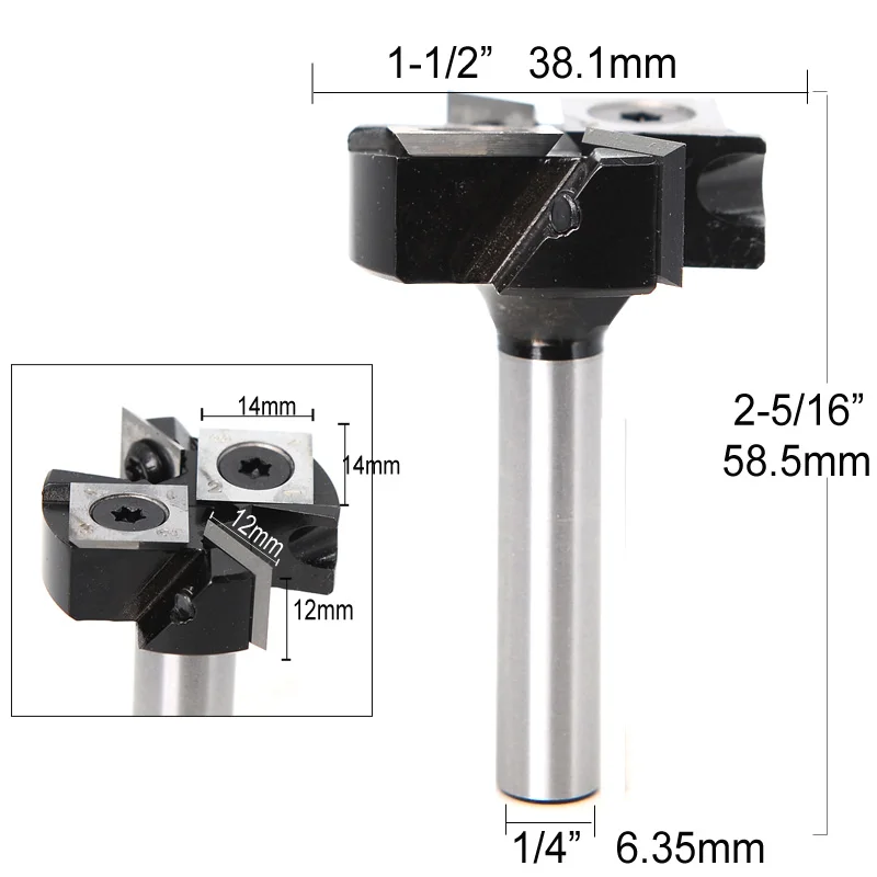 1PC 6.35mm Shank 6mm Router Bit with Milling Cutter Cemented Carbide Woodworking Bits Insert-Style Spoilboard indexable drill