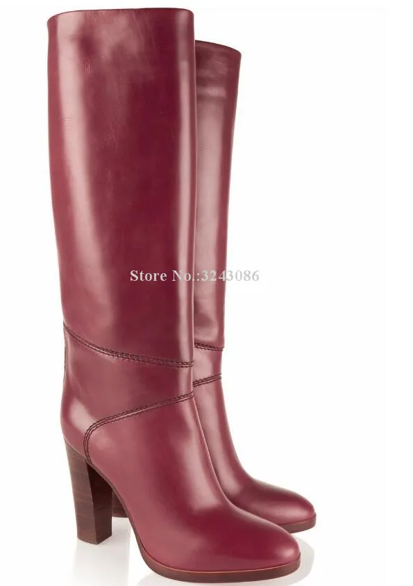 Wine Red Leather Chunky Heel Knee Boots Woman Best Design Large Size Knight Long Boots Ladies Thick Heel Banquet Shoes Dropship