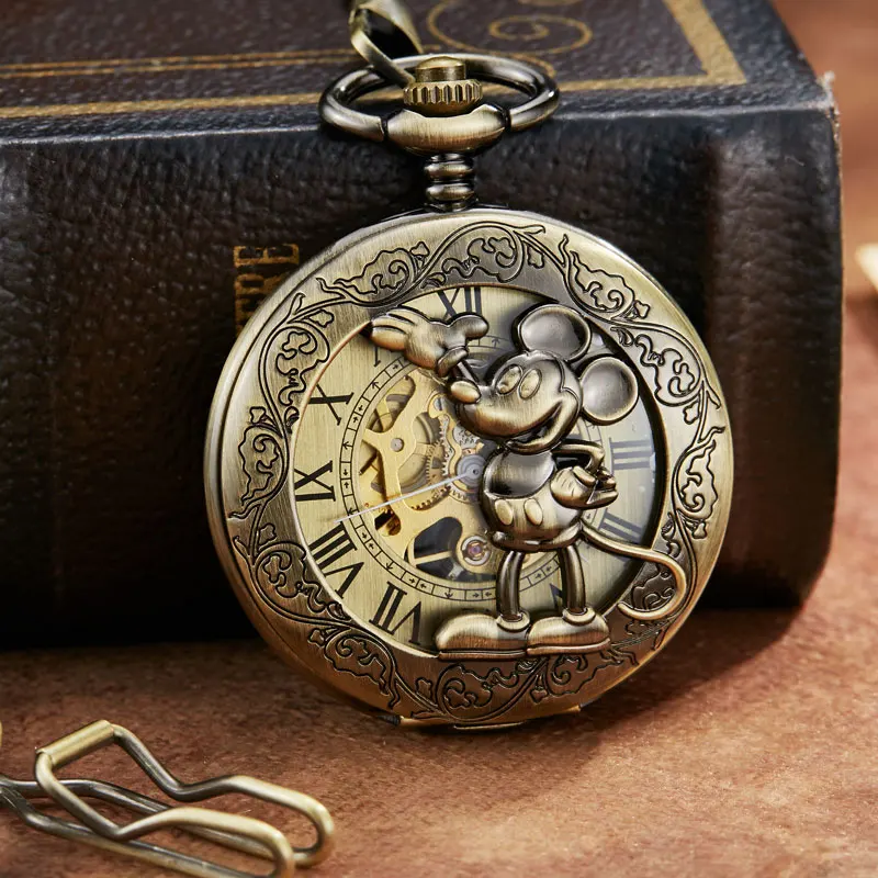 Unique Steampunk Skeleton Cartoon Mouse Mehanical Pocket Watch FOB Chain Hand Wind Mechanical Mens Womens Watches with Chain