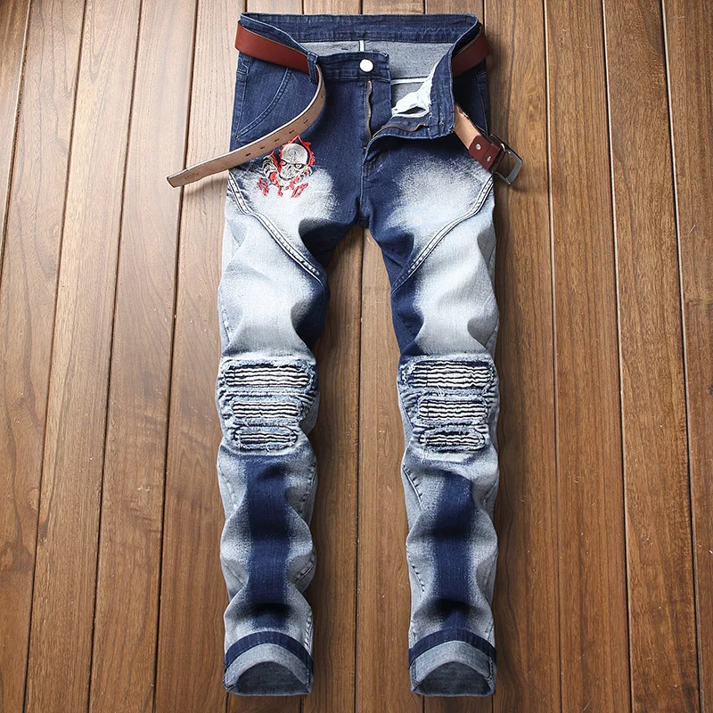 

High Quality Jeans Mens Distressed Embroidery Fashion Denim Pants Male Hip Hop Slim Fit Holes Punk Cotton Zipper Casual Trousers