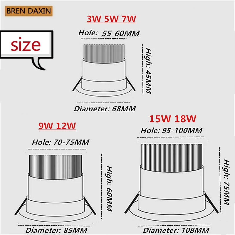 Regulável sala de estar quarto sala de jantar ponto luz led downlight ponto teto 3w 5 7 9 12 15 18 AC85-230V recesso