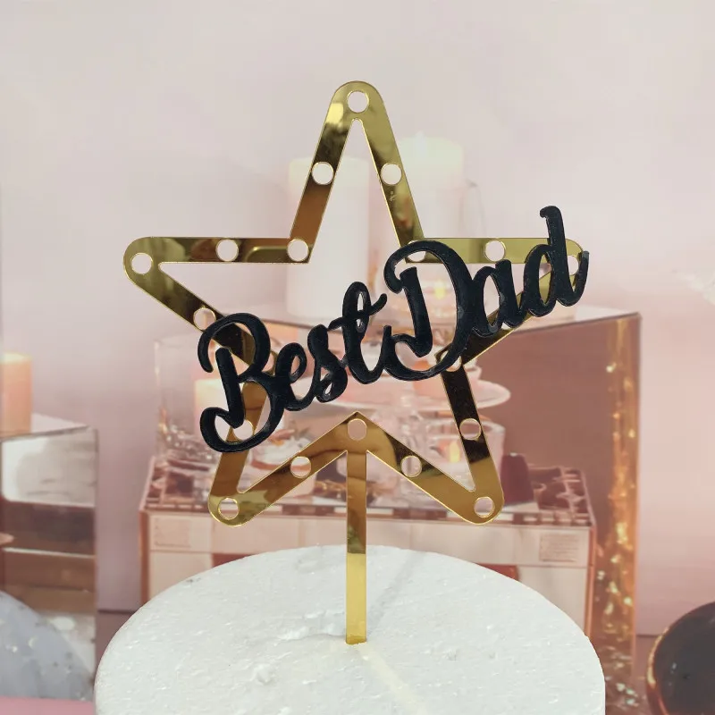 2020 Gold Star Best Dad Acrylic Cake Topper Daddy Birthday Cake Topper Supplies for Father's day Birthday Party Cake Decorations