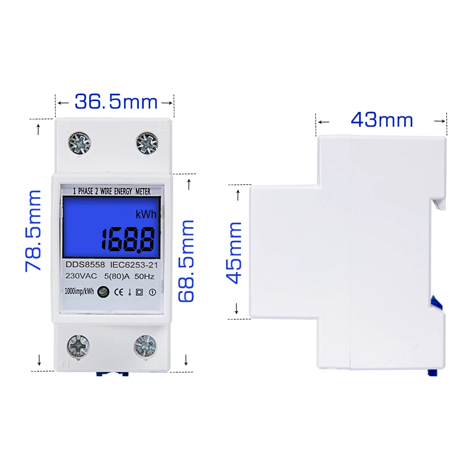 Din Rail kWh Meter 1 Phase 2 Wire LCD Digital Display Power Consumption Energy Electric kWh Counter AC 110V-230V 50/60Hz