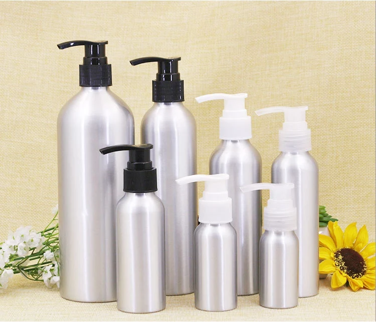 

Sedorate 20 Pcs/Lot Aluminum Bottle With Pump Lid 30ML 50ML 100ML 150ML 250ML 500ML Cosmetics Refill Bottle Container JX049