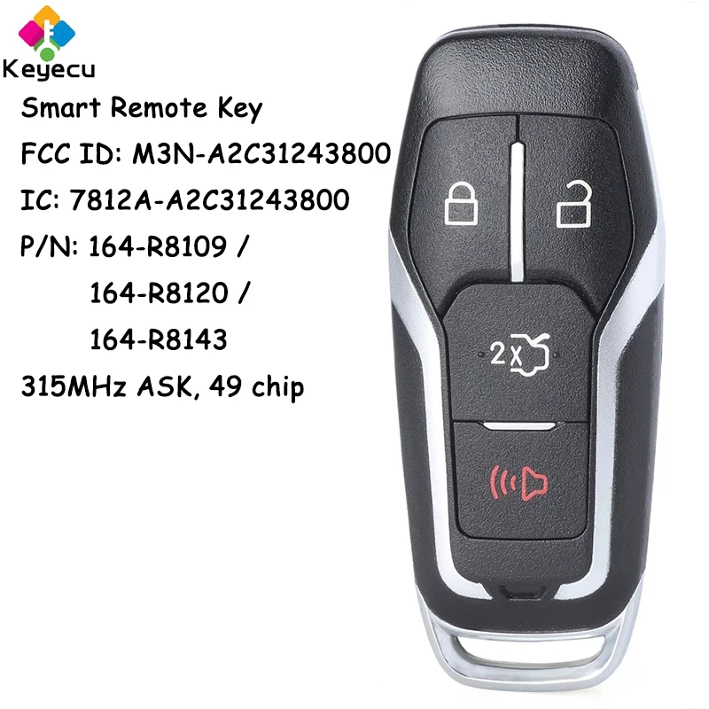 

KEYECU Smart Remote Car Key With 4 Buttons 315MHz ID49 Chip for Ford Fusion Edge Explorer Mustang 2015-2017 Fob M3N-A2C31243800