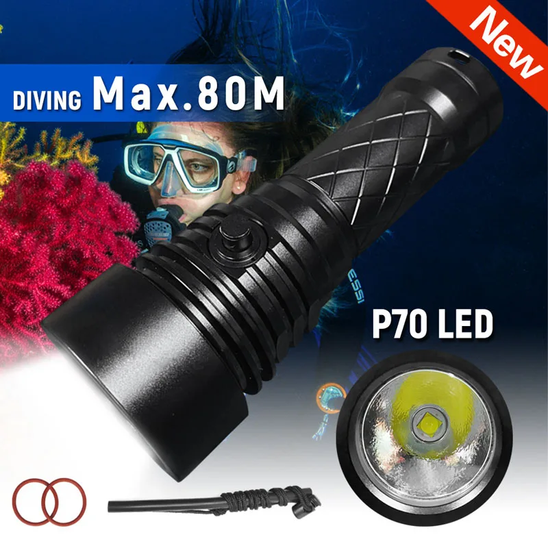 New Design LED Scuba Diving Light XHP70 18650/26650 Rechargeable Underwater Flashlight with 80m Dive Depth