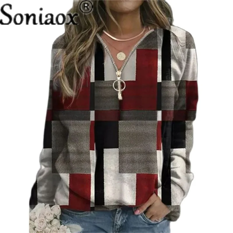 2021 herbst Frauen Sweatshirts Lose Beiläufige V Neck Zipper Langarm Plaid Top Pullover Streetwear Damen Mode Damen Hoodies