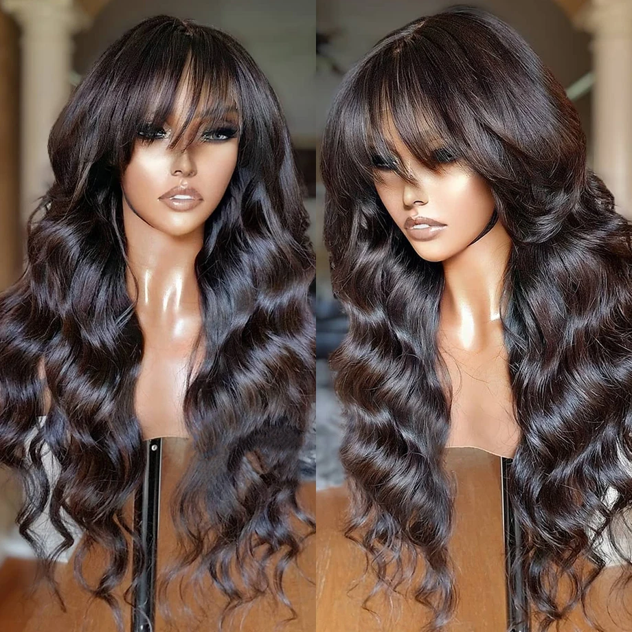 Cheap Human Hair Wigs 30 Inch Body Wave Wig With Bangs  No Lace Full Machine Made Wig For Women Brazilian Natural Hair